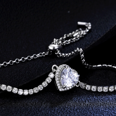 Pulsera de Tenis de Plata de Ley 925 con Corazón de Moissanita Circonia para Mujer Ajustable Cierre de Bolo Joyería Elegante