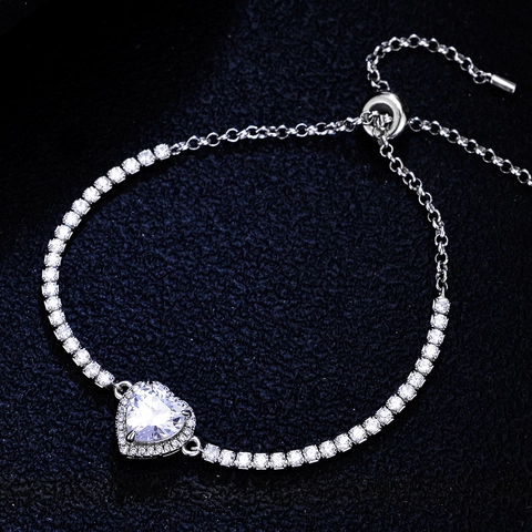 Pulsera de Tenis de Plata de Ley 925 con Corazón de Moissanita Circonia para Mujer Ajustable Cierre de Bolo Joyería Elegante