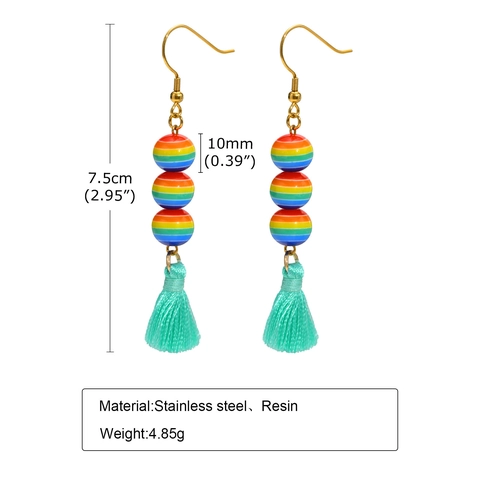 Bohemian Stainless Steel Rainbow Resin Bead Tassel Earrings For Women Vintage Ethnic Colorful Dangle Drop Jewelry