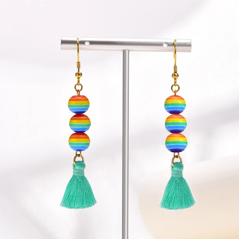 Bohemian Stainless Steel Rainbow Resin Bead Tassel Earrings For Women Vintage Ethnic Colorful Dangle Drop Jewelry