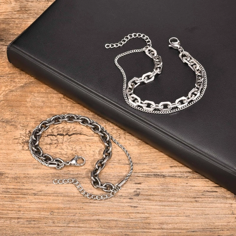 Bracciale Hip Hop a Doppio Strato in Acciaio Inossidabile per Uomo Donna Catena in Metallo Lucido Regolabile Gioielli di Moda