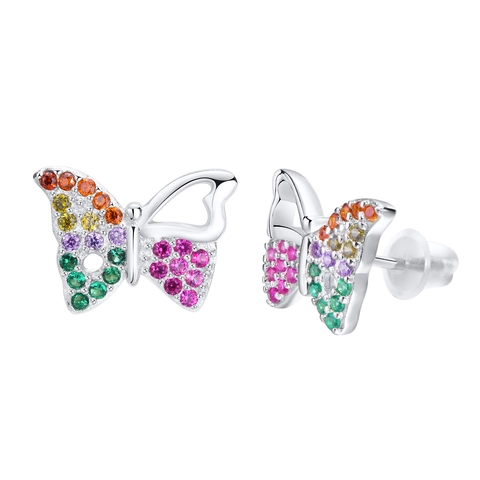 925 Sterling Silver Zirconia Butterfly Stud Earrings For Women Colorful Rainbow Pave Butterfly Earring Hypoallergenic Jewelry Gift