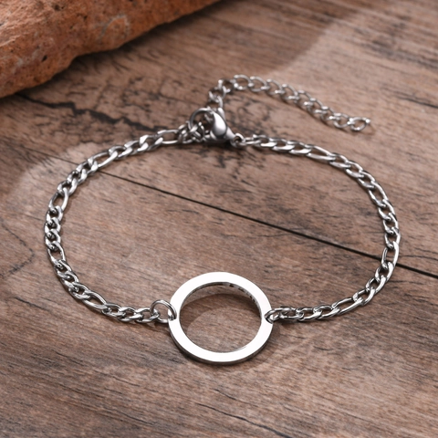 Minimalist Stainless Steel Figaro Chain Bracelet For Men Women Silver Color Hollow Ring Charm Adjustable Jewelry Gift