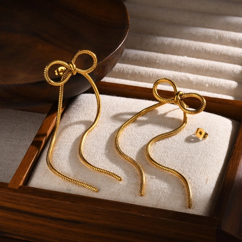 Pendientes de Botón con Lazo y Borla de Acero Inoxidable para Mujer Pendientes Largos de Cadena de Serpiente Dorados Joyería
