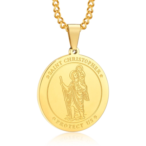Collana da Uomo in Acciaio Inossidabile con Pendente a Medaglia Rotonda San Cristoforo Amuleto Religioso Vintage Gioiello Regalo