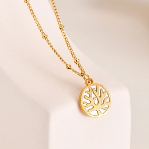 Collar con Colgante Redondo de Coral de Acero Inoxidable Cadena de Cuentas de Satélite Chapada en Oro para Mujer Joyería