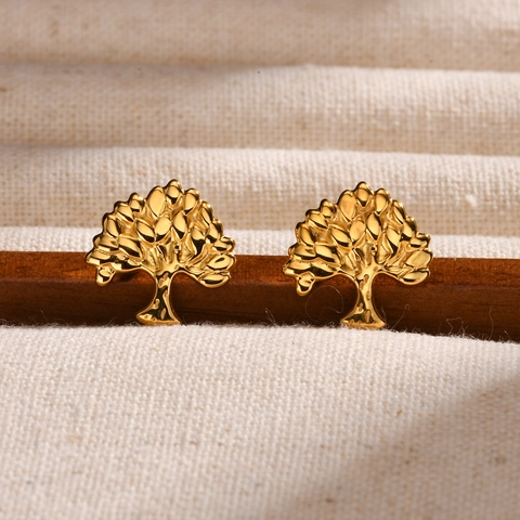 Orecchini a Bottone Albero della Vita in Acciaio Inossidabile per Donna Placcati Oro Lucidati a Specchio Stile Naturale