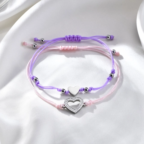 Stainless Steel Heart Charm Woven Bracelet For Women Mother Daughter Pink Purple Rhinestone Adjustable Fashion Hand Rope