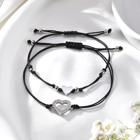 Set di Bracciali Intrecciati con Ciondolo a Cuore in Acciaio Inossidabile Regolabile Strass Corda Nera Gioielli Madre Figlia