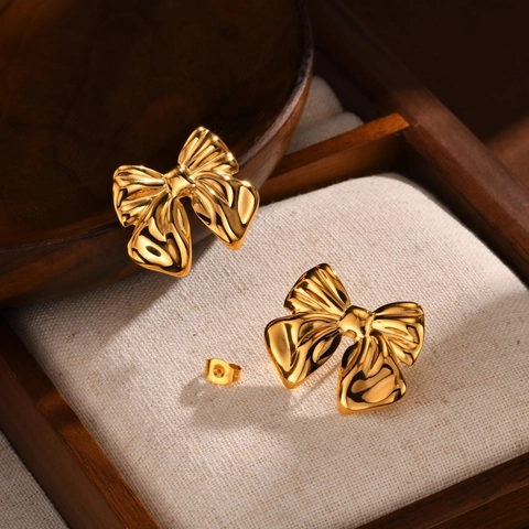 Roestvrij Staal Goud Strik Oorknopjes Voor Vrouwen Spiegel Gepolijst Gerimpelde Textuur Strik Oorbellen Mode Sieraden Dagelijks Cadeau