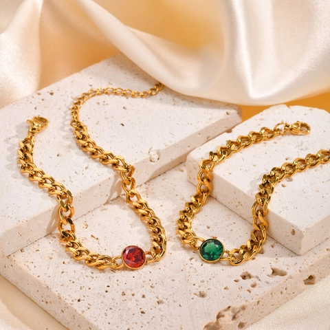 Stainless Steel Round Rhinestone Curb Chain Bracelet For Women Gold Plated Adjustable Fashion Jewelry Accessory Gift