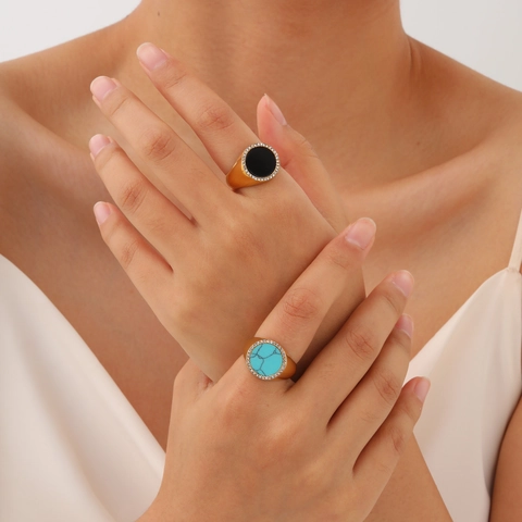 Vintage Stainless Steel Signet Ring For Women Gold Plated Agate Turquoise Inlay Rhinestone Pave Round Fashion Commuter Jewelry Gift