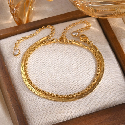 Double Layer Stainless Steel Snake Chain Rope Chain Bracelet For Women Gold Plated Minimalist Rhinestone Charm Fashion Jewelry