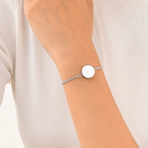 Pulsera Bolo Ajustable de Acero Inoxidable Minimalista para Mujer Colgante Redondo Pulido Joyería de Moda Tono Plateado