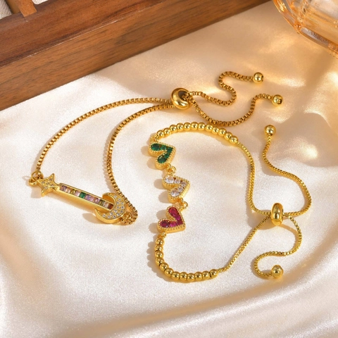 Adjustable Copper Gold Plated Heart Moon Star Bracelet For Women Colorful Rhinestone Drawstring Jewelry Fashion Accessory