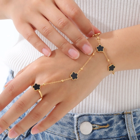 Edelstahl Schmetterling Künstliche Perle Fingerring Armband Gold Handkette Ring Armband Für Damen Eleganter Schmuck