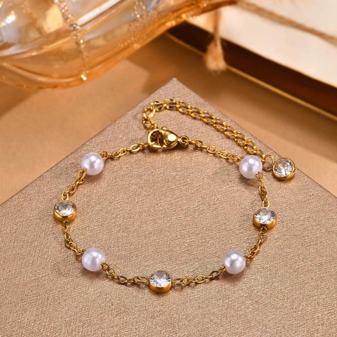 Mode Gold Edelstahl Armband Für Damen Mit Künstlichen Perlen Und Zirkonia Elegante Gliederkette Verstellbarer Schmuck Geschenk