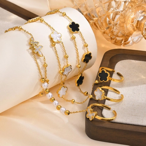 Edelstahl Schmetterling Künstliche Perle Fingerring Armband Gold Handkette Ring Armband Für Damen Eleganter Schmuck