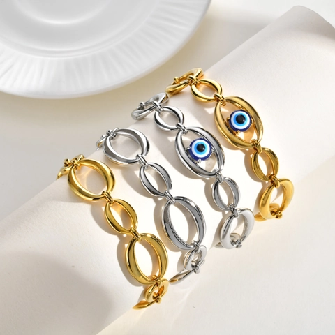 Mode Edelstahl Grobe Ovale Gliederkette Armband Für Damen Gold Silber Bicolor Böser Blick Charme Verstellbarer Schmuck