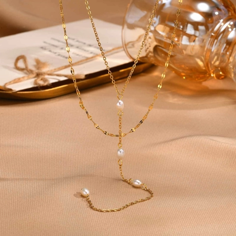 Roestvrijstalen Dubbellaagse Y-Vorm Kwastje Halsketting Verguld Kunstparel Hanger Halsketting Mode Sieraden Voor Dames