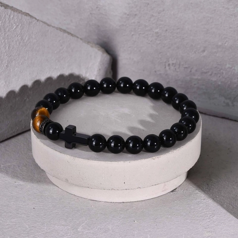Men's Black Stainless Steel Cross Pendant Beaded Bracelet With Natural Polished Agate Tiger Eye Stone Beads Jewelry Gift