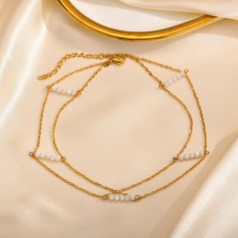Zweilagige Gold Edelstahl Choker Halskette Damen Weiße Künstliche Perle Anhänger Kette Mode Schmuck