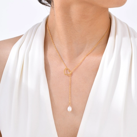 Collar Lariat de Corazón en Forma de Y de Acero Inoxidable Minimalista Con Perla de Agua Dulce Joyería Elegante para Mujer