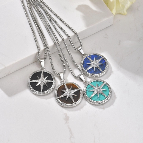 Stainless Steel Compass Star Pendant Necklace For Men Retro Natural Tiger Eye Agate Lapis Lazuli Turquoise Jewelry
