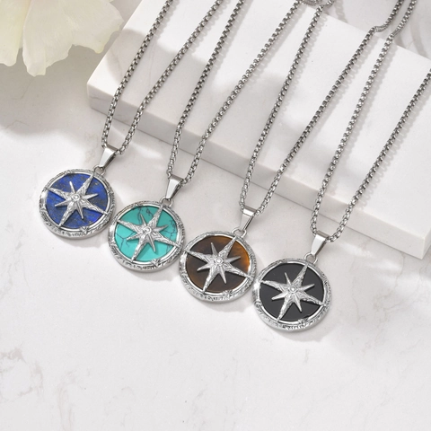 Stainless Steel Compass Star Pendant Necklace For Men Retro Natural Tiger Eye Agate Lapis Lazuli Turquoise Jewelry