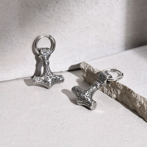 Boucles d'Oreilles Anneaux Marteau de Thor Mjolnir Viking Nordique en Acier Inoxydable pour Hommes Nœud Celtique Bijoux Hip Hop