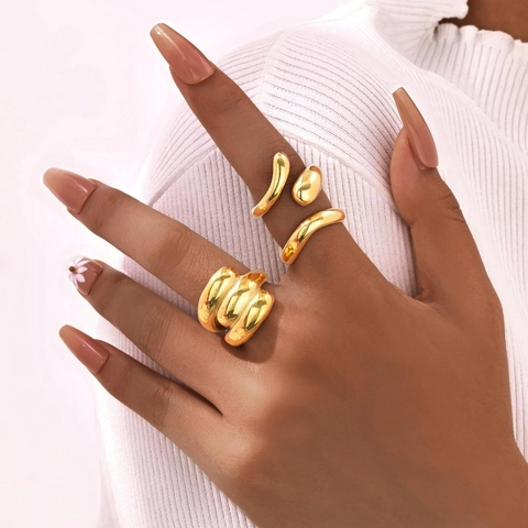 Bague en Acier Inoxydable Or Minimaliste Vague Géométrique Style Goutte d'Eau Finition Polie Bague de Doigt pour Femme Bijoux