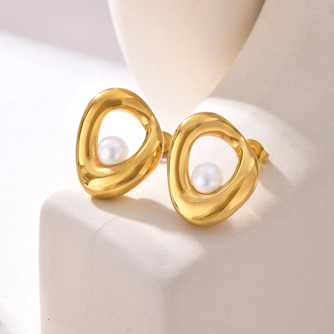 Stainless Steel Geometric Hollow Artificial Pearl Stud Earrings For Women Gold Plated Elegant Minimalist Fashion Jewelry Accessory