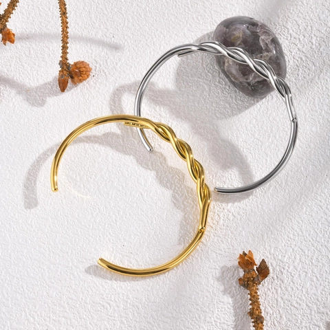 Brazalete de Cable Trenzado de Acero Inoxidable Minimalista para Mujer Brazalete Abierto Ajustable Joyería de Moda Oro Plata