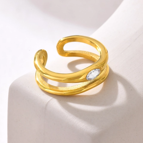 Edelstahl Marquise Zirkonia Doppelschicht Offener Ring Für Damen Minimalist Gold Plattiert Verstellbarer Mode Fingerring Schmuck