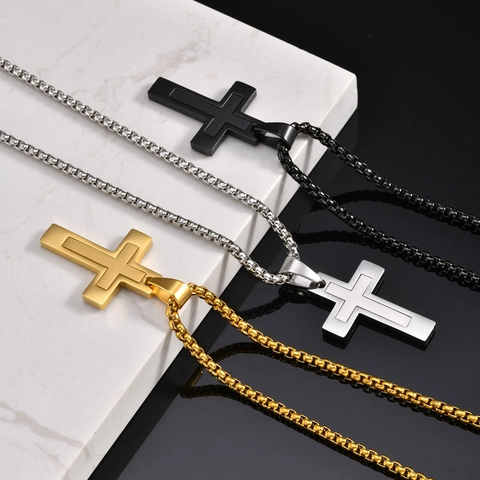 Collier Pendentif Croix en Acier Inoxydable pour Homme Double Couche Religieux Chrétien Bijoux Poli Chaîne Box