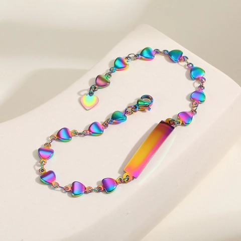 Braccialetto a Catena a Cuore in Acciaio Inossidabile Arcobaleno Con Piastra ID Bar Vuota Gioielli Moda Sfumati Multicolore Donna