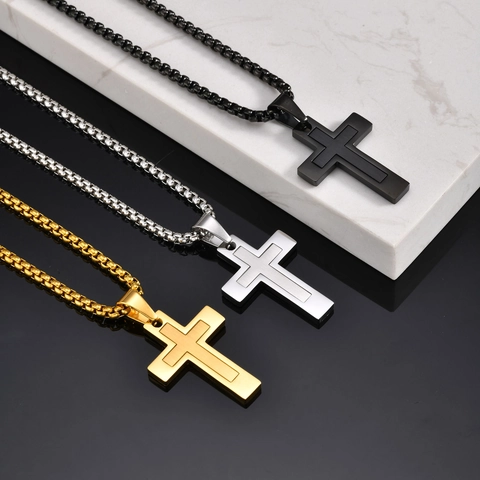 Collier Pendentif Croix en Acier Inoxydable pour Homme Double Couche Religieux Chrétien Bijoux Poli Chaîne Box
