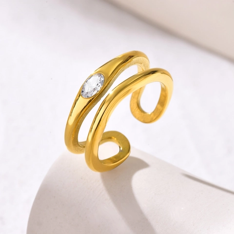 Edelstahl Marquise Zirkonia Doppelschicht Offener Ring Für Damen Minimalist Gold Plattiert Verstellbarer Mode Fingerring Schmuck