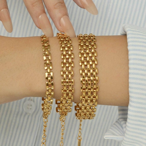 Fashion Stainless Steel Watch Band Bracelet For Women Gold Silver Plated Rectangular Link Chain Adjustable Commuter Jewelry Wristband Gift