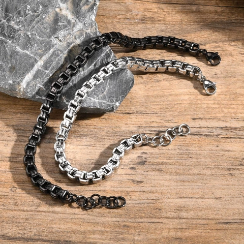 Pulsera de Hombre de Acero Inoxidable Cadena de Caja Estilo Industrial Pulido Tono Plata Negro Cadena de Eslabones Pulsera Joyería de Moda Regalo