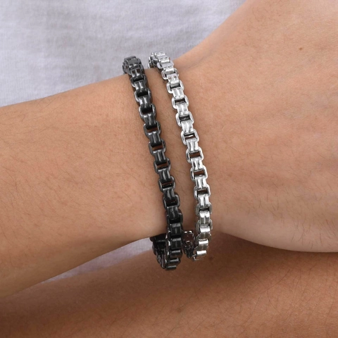 Pulsera de Hombre de Acero Inoxidable Cadena de Caja Estilo Industrial Pulido Tono Plata Negro Cadena de Eslabones Pulsera Joyería de Moda Regalo