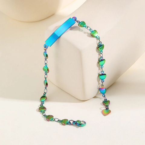 Braccialetto a Catena a Cuore in Acciaio Inossidabile Arcobaleno Con Piastra ID Bar Vuota Gioielli Moda Sfumati Multicolore Donna