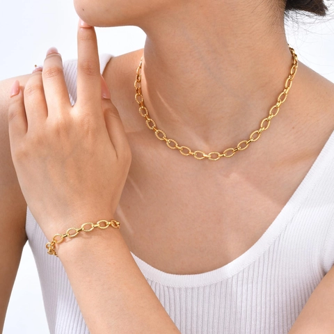 Minimalist Stainless Steel Textured Link Chain Jewelry For Women Gold Plated Oval Twisted Loop Necklace Bracelet