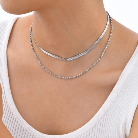 Collar de Doble Capa de Acero Inoxidable Cadena de Espina de Pescado Serpiente Cadena de Cuerda Retorcida para Mujer Joyería de Moda Accesorios Oro Acero Collares Regalo