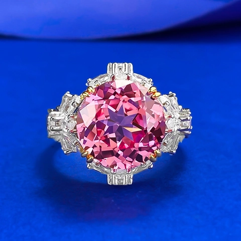Luxury 925 Sterling Silver Round Pink Corundum Ring For Women Inlaid Rhinestone Geometric Finger Ring Wedding Jewelry