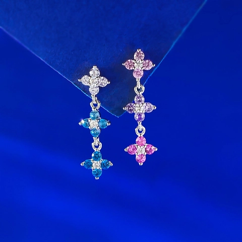 Orecchini Pendenti Triplo Quadrifoglio in Argento Sterling 925 Con Strass Colorati Gioielli Moda Eleganti Donna