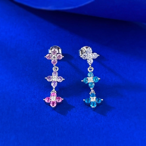 Orecchini Pendenti Triplo Quadrifoglio in Argento Sterling 925 Con Strass Colorati Gioielli Moda Eleganti Donna