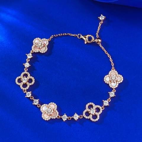 Bracciale Quadrifoglio in Argento Sterling 925 per Donna Regolabile Perla Artificiale Strass Intarsiato Gioielli di Moda Regalo