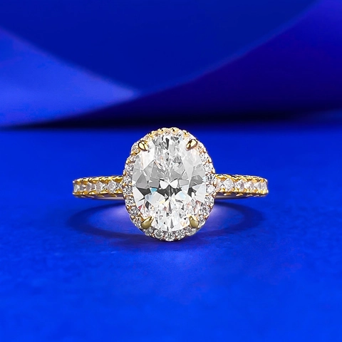 Elegante Anello Halo in Argento Sterling 925 con Strass Taglio Ovale Placcato Oro Gioielli di Lusso per Donna