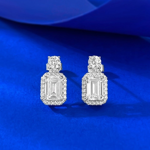 Orecchini a Bottone in Argento Sterling 925 Con Taglio Smeraldo e Strass per Donna Orecchini Halo Geometrici Regalo